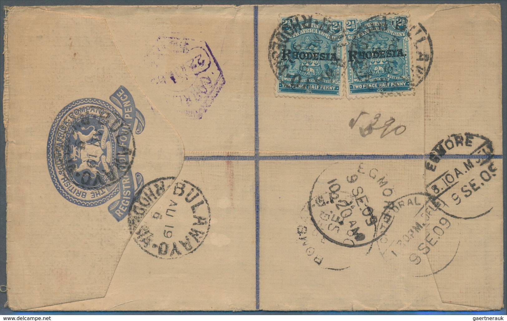 11813 Britische Südafrika-Gesellschaft: 1909, 4 Pence Registered Envelope Uprated With 2 X 2 1/2 P. Blue ( - Non Classés