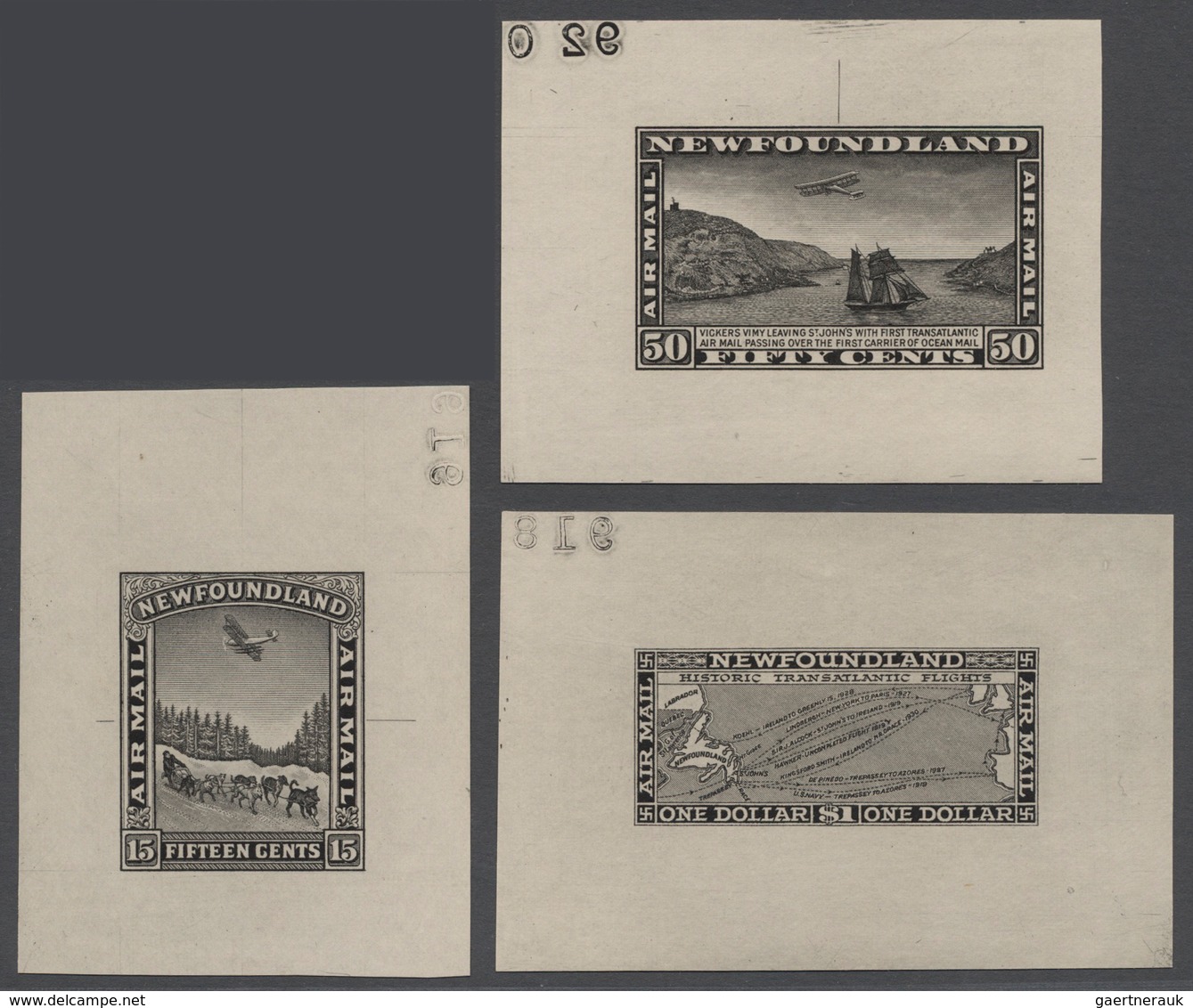 11819 Neufundland: 1930, Air Mail 15 C., 50 C. And 1 $ As Die Proofs In Black On Un-watermark Paper Withou - 1857-1861