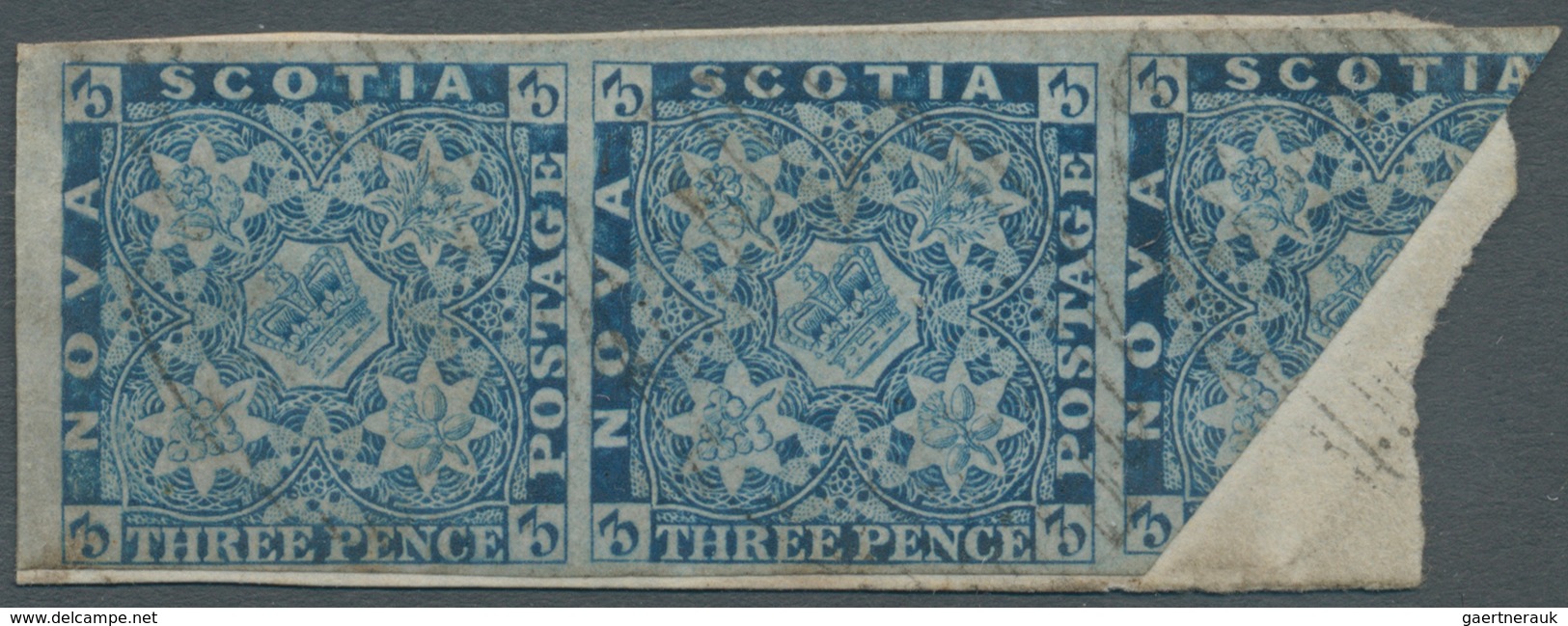 11821 Neuschottland: 1857, Crown And Heraldic Flowers Imperf. 3d. Pale Blue Horiz. Strip Of Three With The - Lettres & Documents