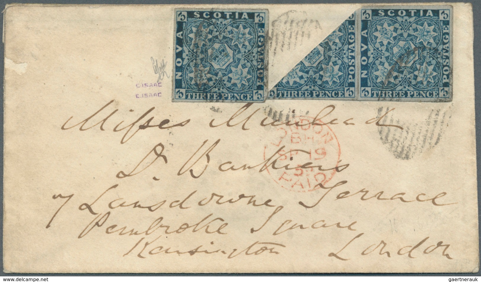 11822 Neuschottland: 1859, Crown And Heraldic Flowers 3d. Bright Blue Single And Horiz. Pair With DIAGONAL - Briefe U. Dokumente