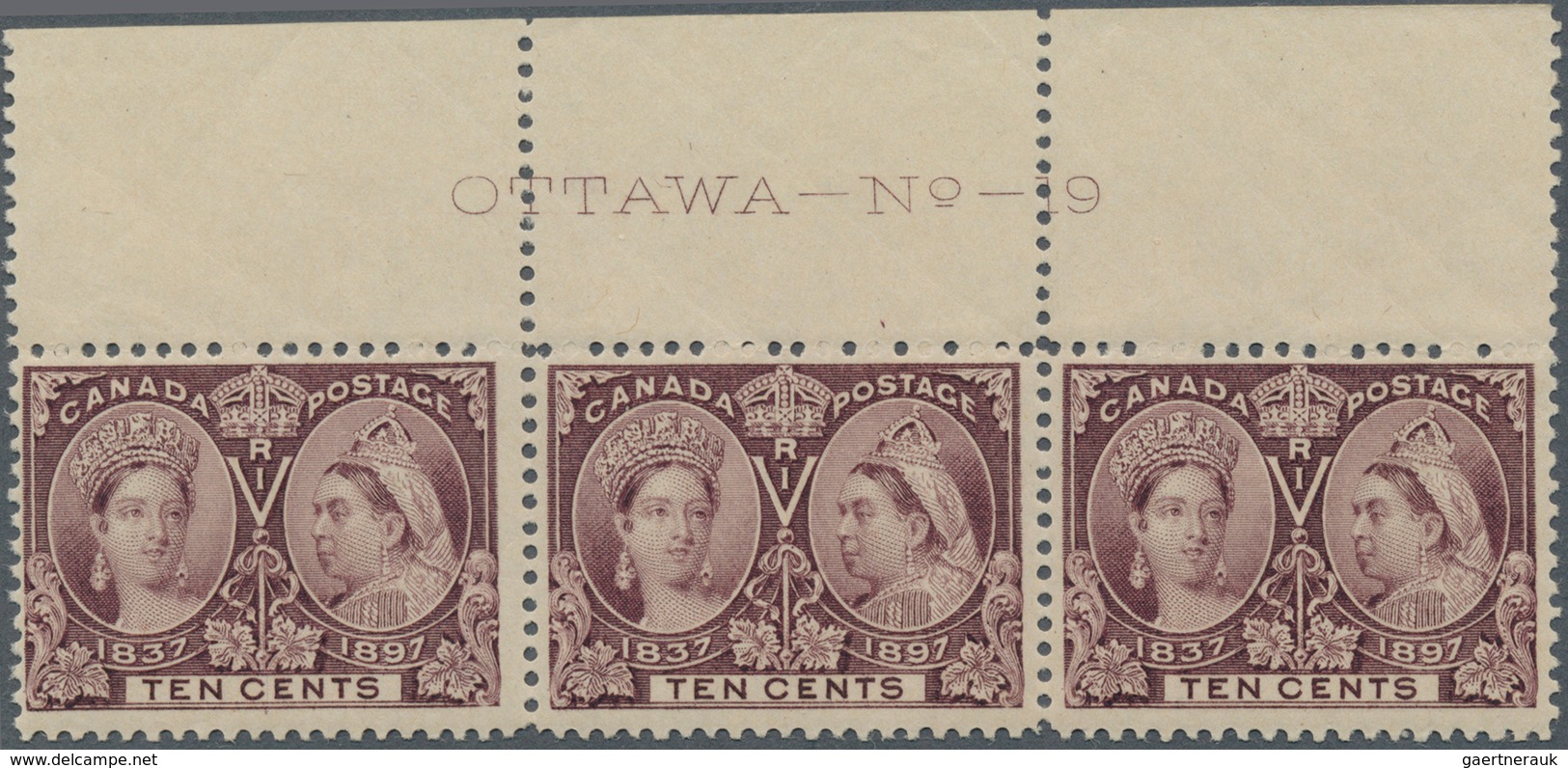 11835 Canada: 1897, QV 10 Cent Brown-lilac "60 Years Reign Jubilee" A Stripe Of Three With Upper Margin An - Autres & Non Classés