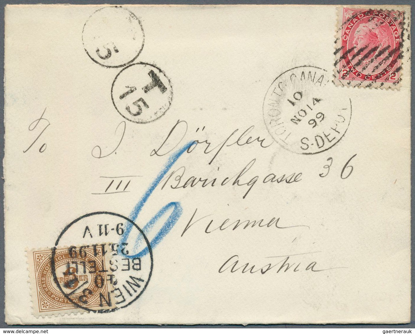 11839A Canada: 1899, 2 C Rose-carmine QV, Tied By Duplex TORONTO CANADA / S.DEPOT, NO 14 99, Underpaid Sing - Sonstige & Ohne Zuordnung