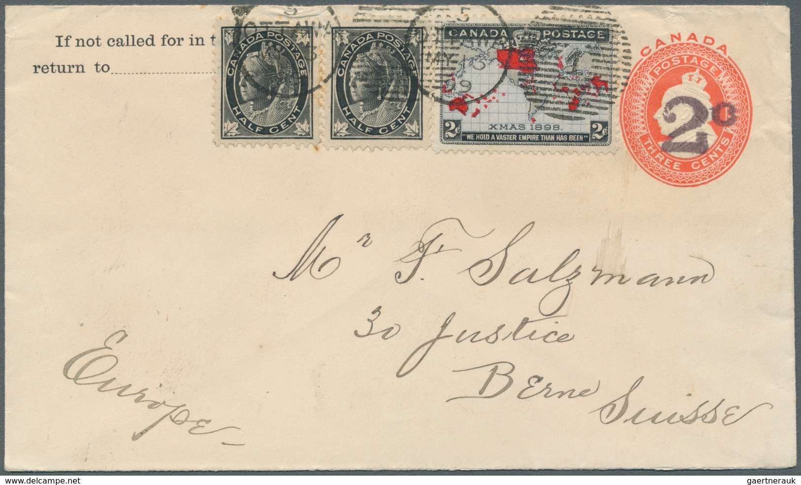 11845 Canada - Ganzsachen: 1899, 2 C On 3 C Red QV Pse, Uprated With 2 X 1/2 C Black QV And 2 C Map "X-mas - 1860-1899 Victoria