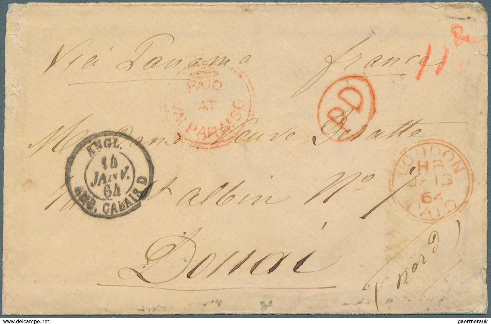 11850 Chile: 1864, Stampless Folded Envelope Tied By Red Crown Mark "PAID AT VALPARAISO", Ms. "VIA PANAMA" - Chile