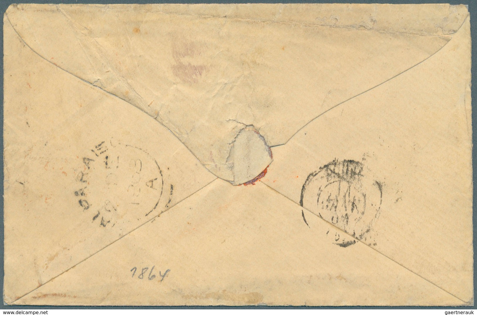 11850 Chile: 1864, Stampless Folded Envelope Tied By Red Crown Mark "PAID AT VALPARAISO", Ms. "VIA PANAMA" - Chili