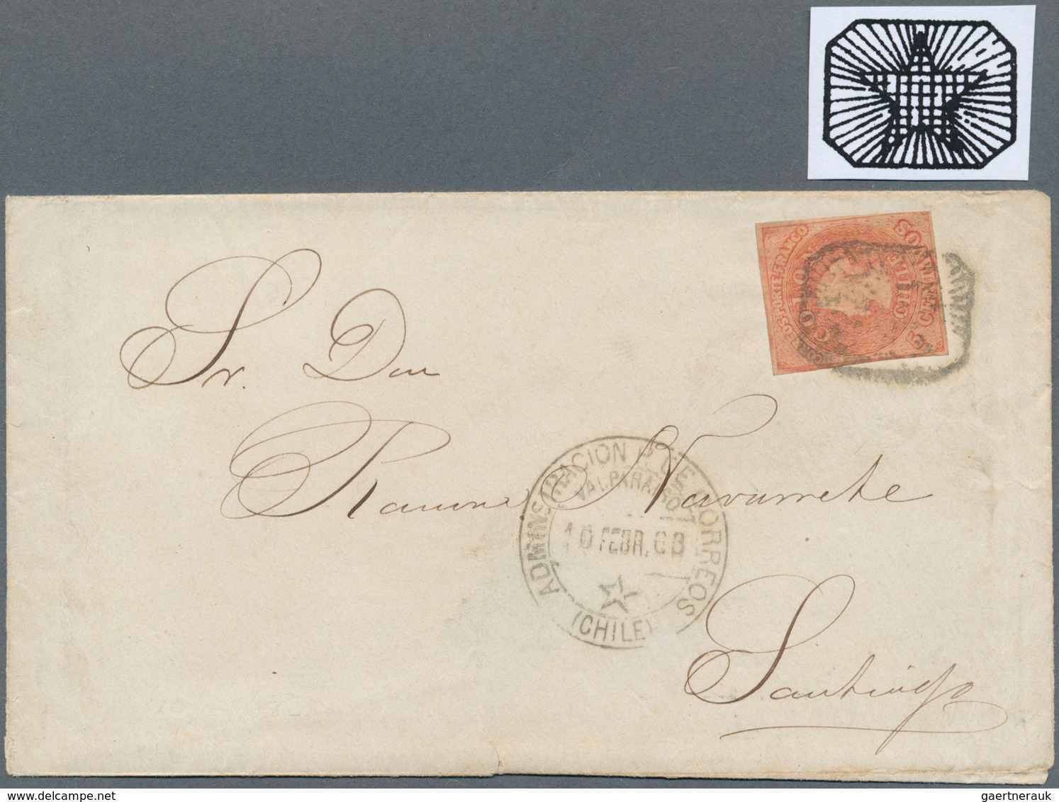 11851 Chile: 1866/67, Last Printing 5 Centavos Rose-red, Tied By VERY RARE "RAYED STAR" CANCEL And Showing - Chile