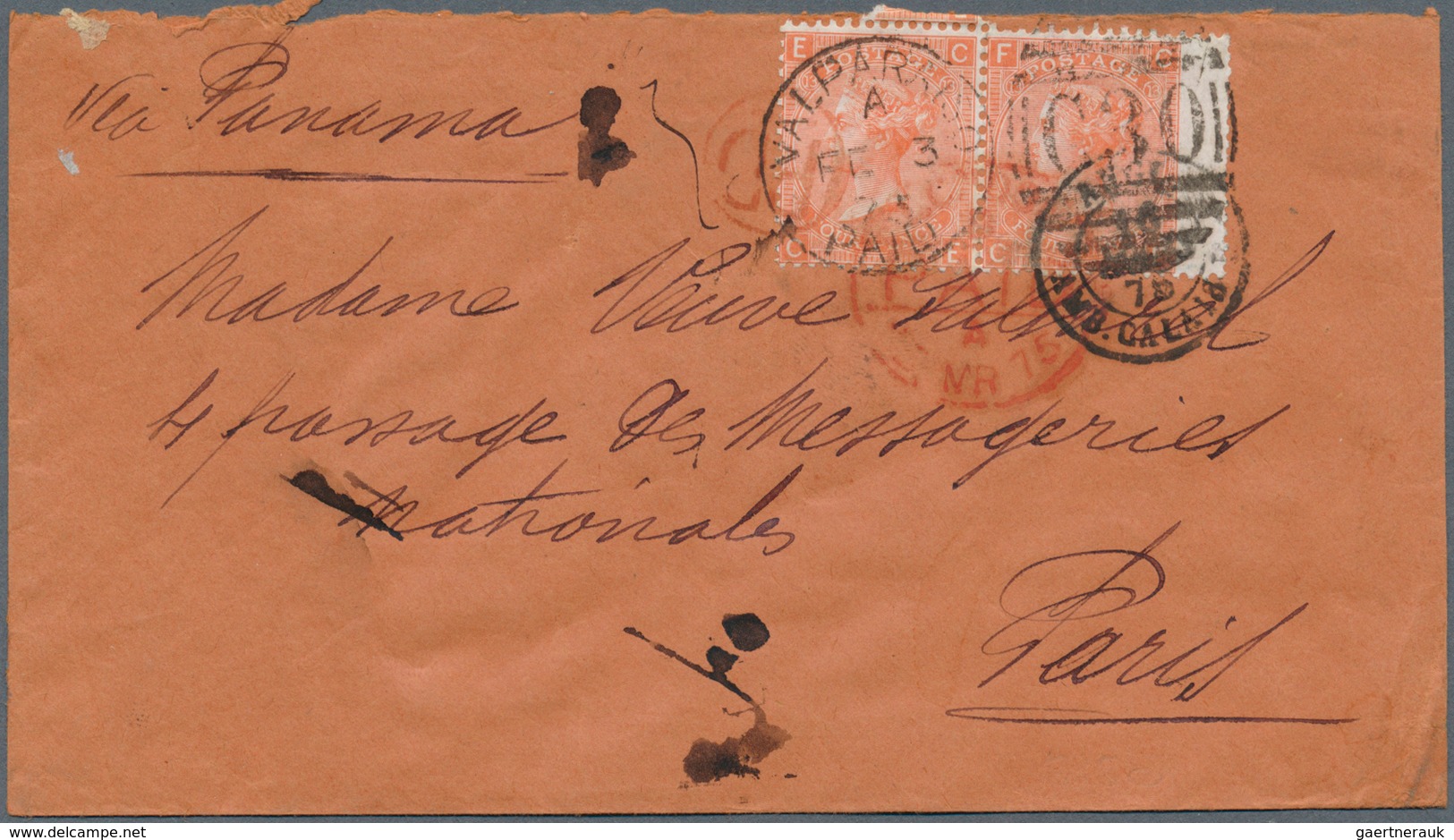 11853 Chile: 1875 (British P.O.). Envelope Addressed To France Bearing Great Britain SG 94, 4d Vermillion - Chili