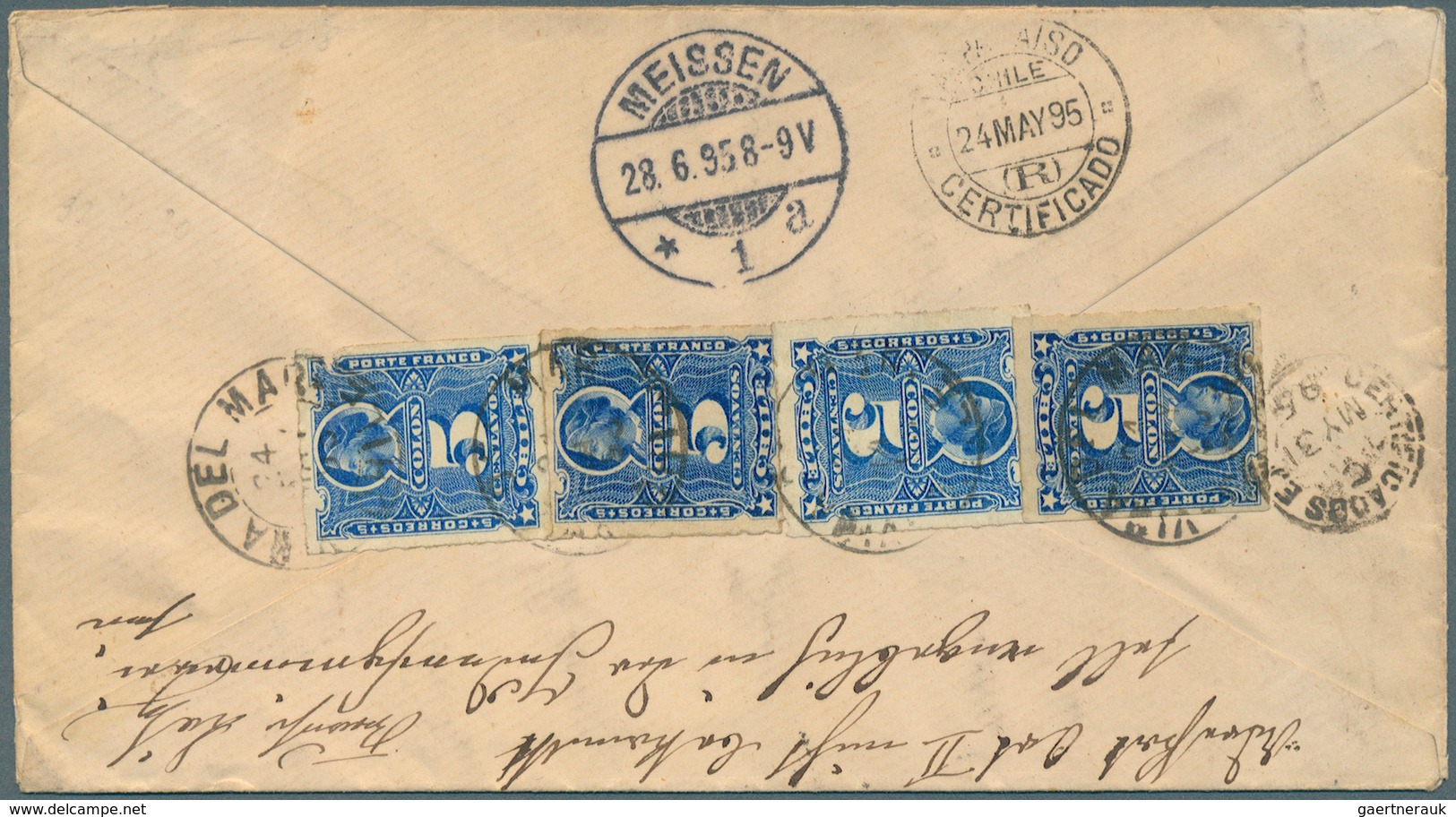 11854 Chile: 1895, 5c. Ultramarine Four Singles Stamps On Reverse Of Registered Cover Tied By "VIMA DEL MA - Chile