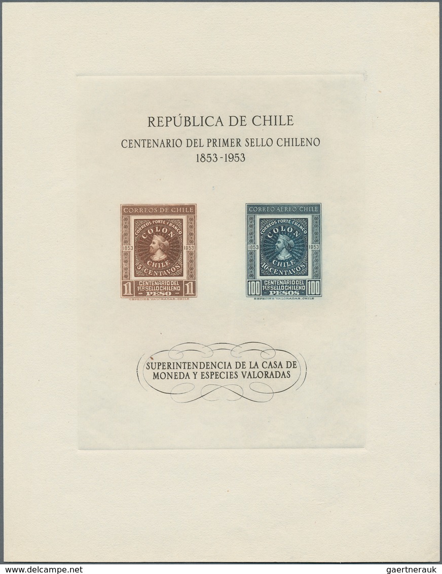 11857 Chile: 1953, Souvenir Sheet 1 P And 100 P "100 Years Chili Stamps" Mint Issued Without Gum In Superb - Chili