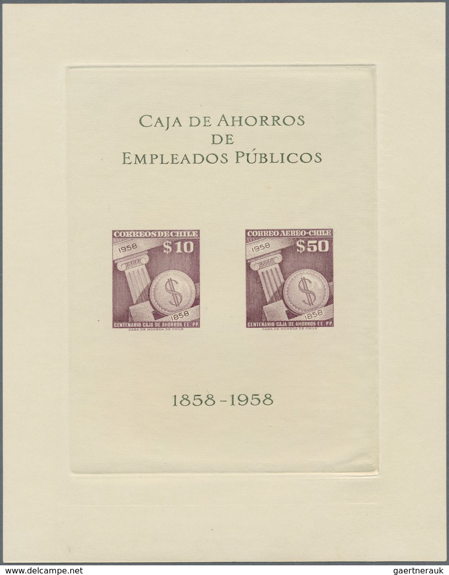 11860 Chile: 1958, Souvenir Sheet 10 $ And 50 $ "Centenario Caja De Ahorros" In Violet Mint Without Gum, O - Chili