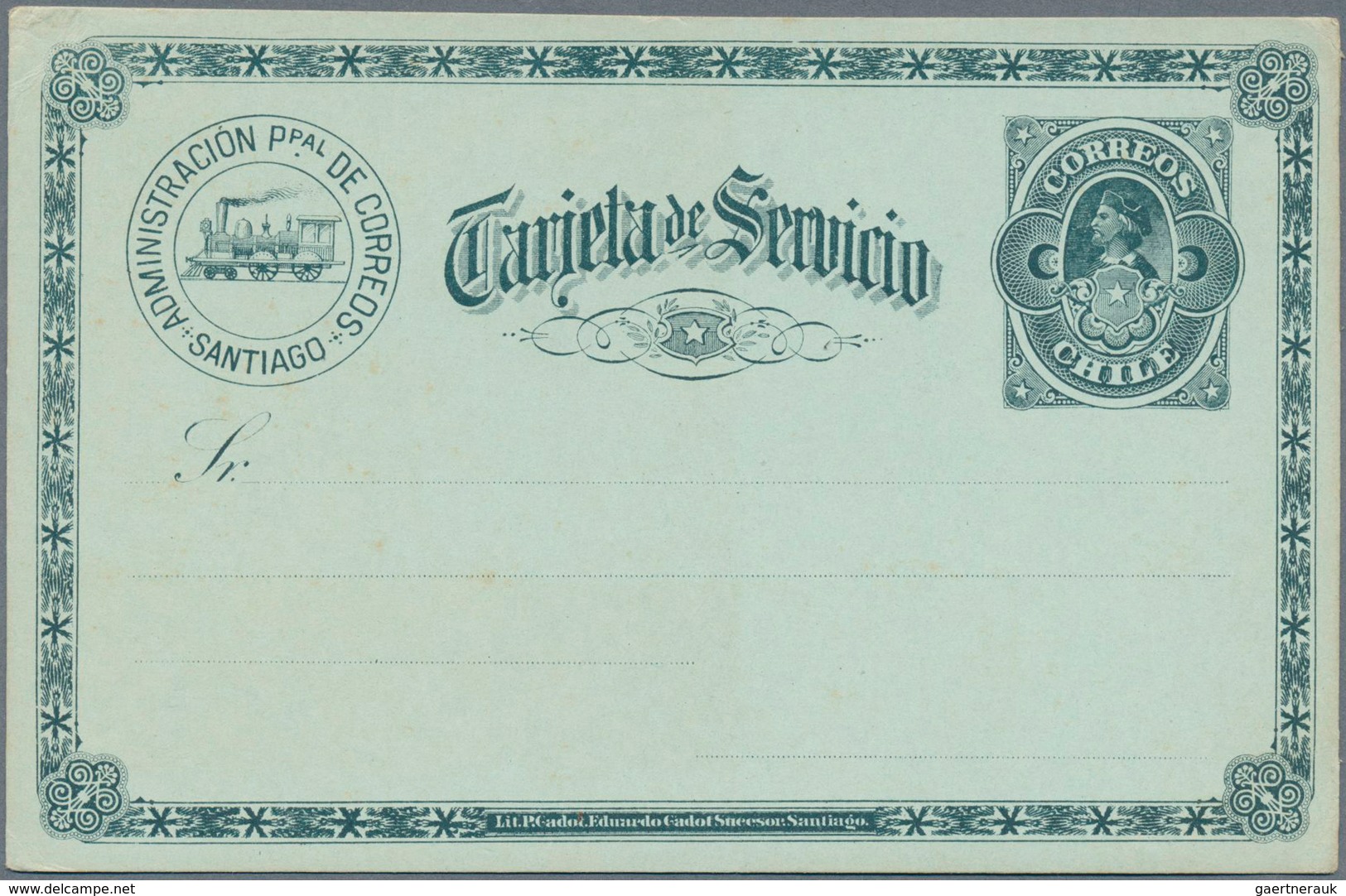 11862 Chile - Ganzsachen: 1892, Chile. Officiale Postcard (carton Color: Blue-green) Without Face Value. O - Chile