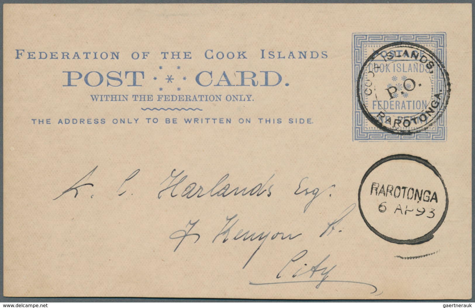 11865 Cook-Inseln: 1893, Stat. Postcard 1d. Blue Used With Fine 'COOK ISLANDS P.O. RAROTONGA' Pmk. Locally - Cook