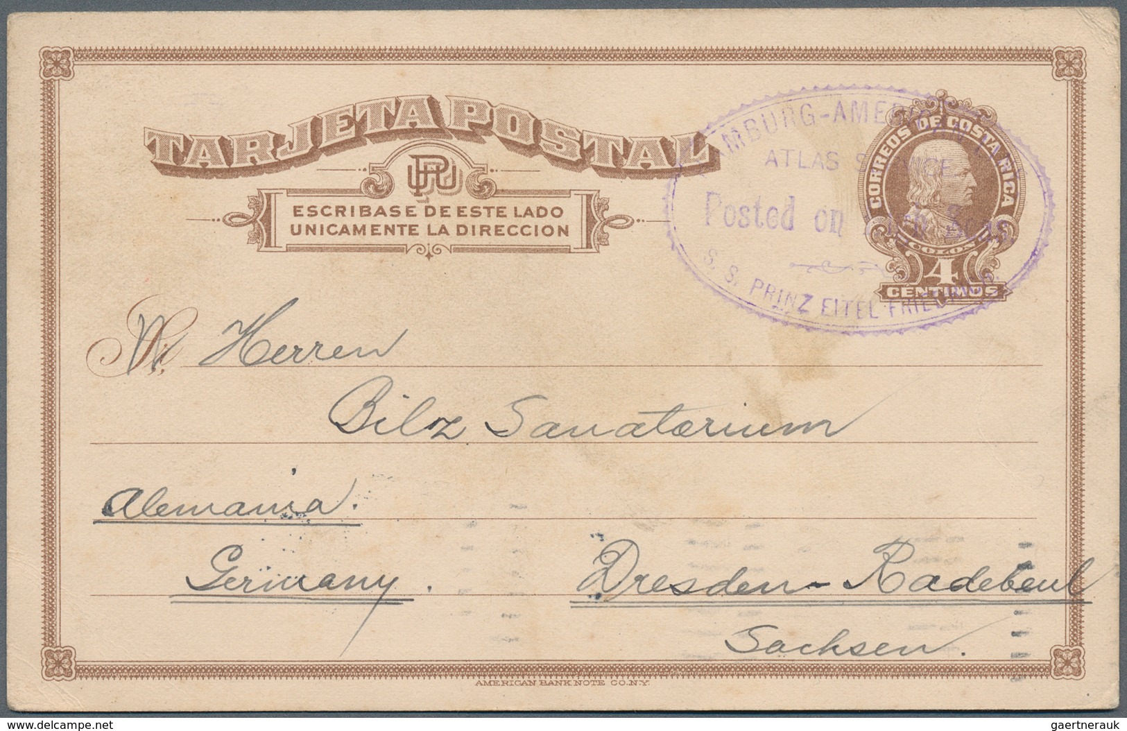 11872 Costa Rica: 1913, 4 C. Stationery Card With Ship Cahet "HAMBURG-AMERICA-Posted On High Seas - S.S. P - Costa Rica