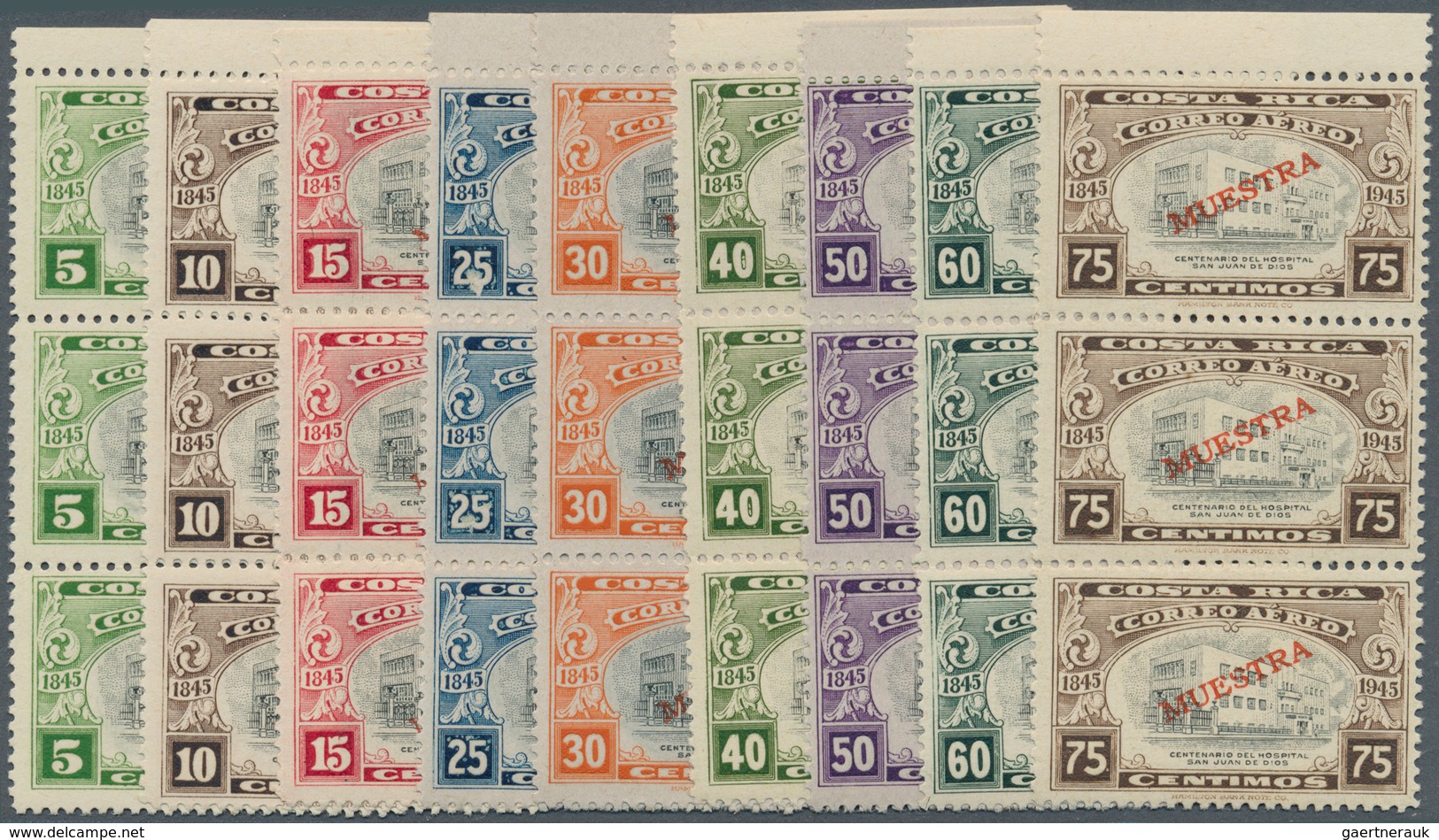 11875 Costa Rica: 1946, Hospital San Juan De Dios With Red Opt. MUESTRA Complete Set Of 13 In Vertical Str - Costa Rica