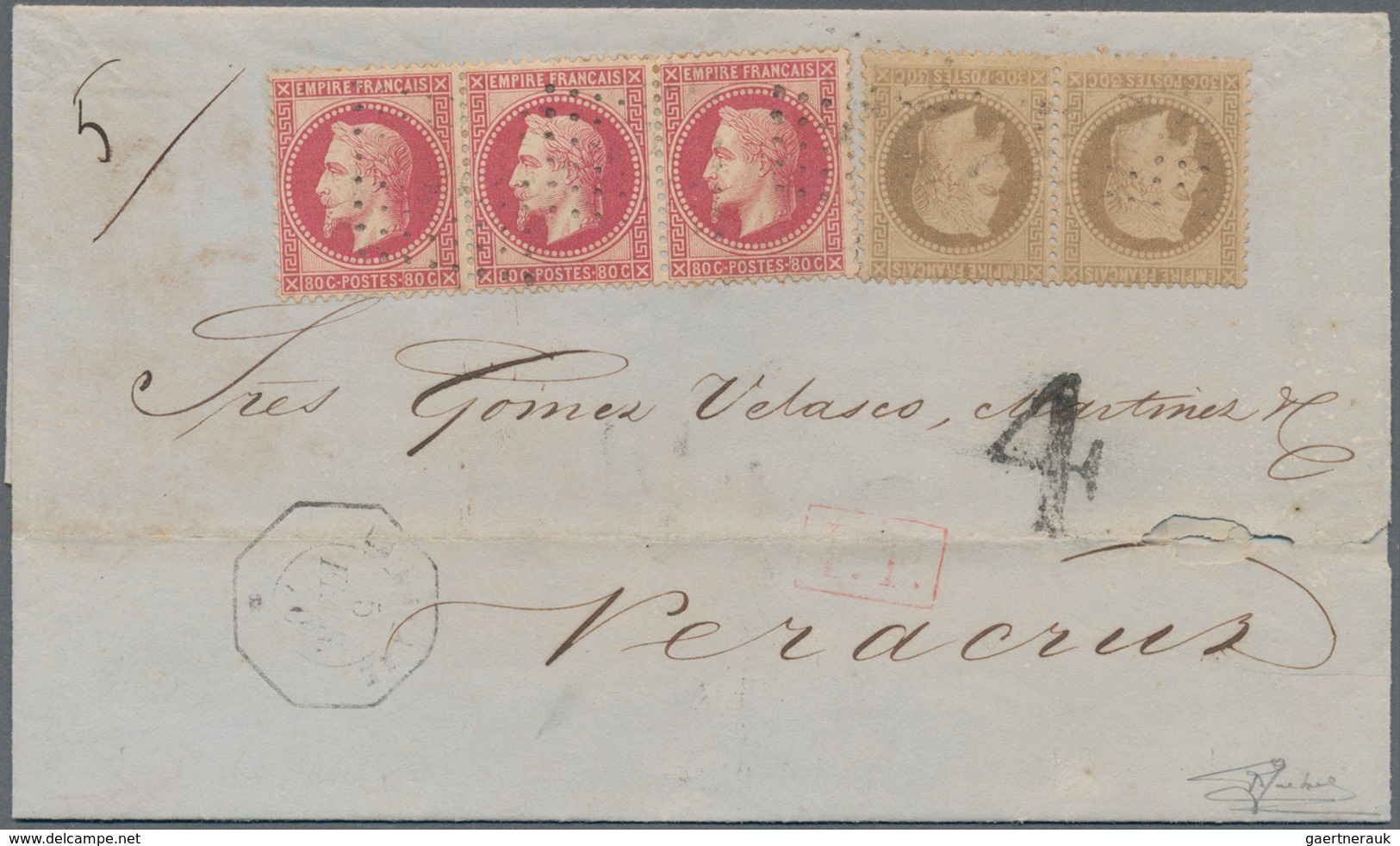 11880 Cuba: 1870, FRENCH P.O., 30c. Brown Horiz. Pair And 80c. Carmine Strip Of Three, 3fr. Rate On Letter - Autres & Non Classés