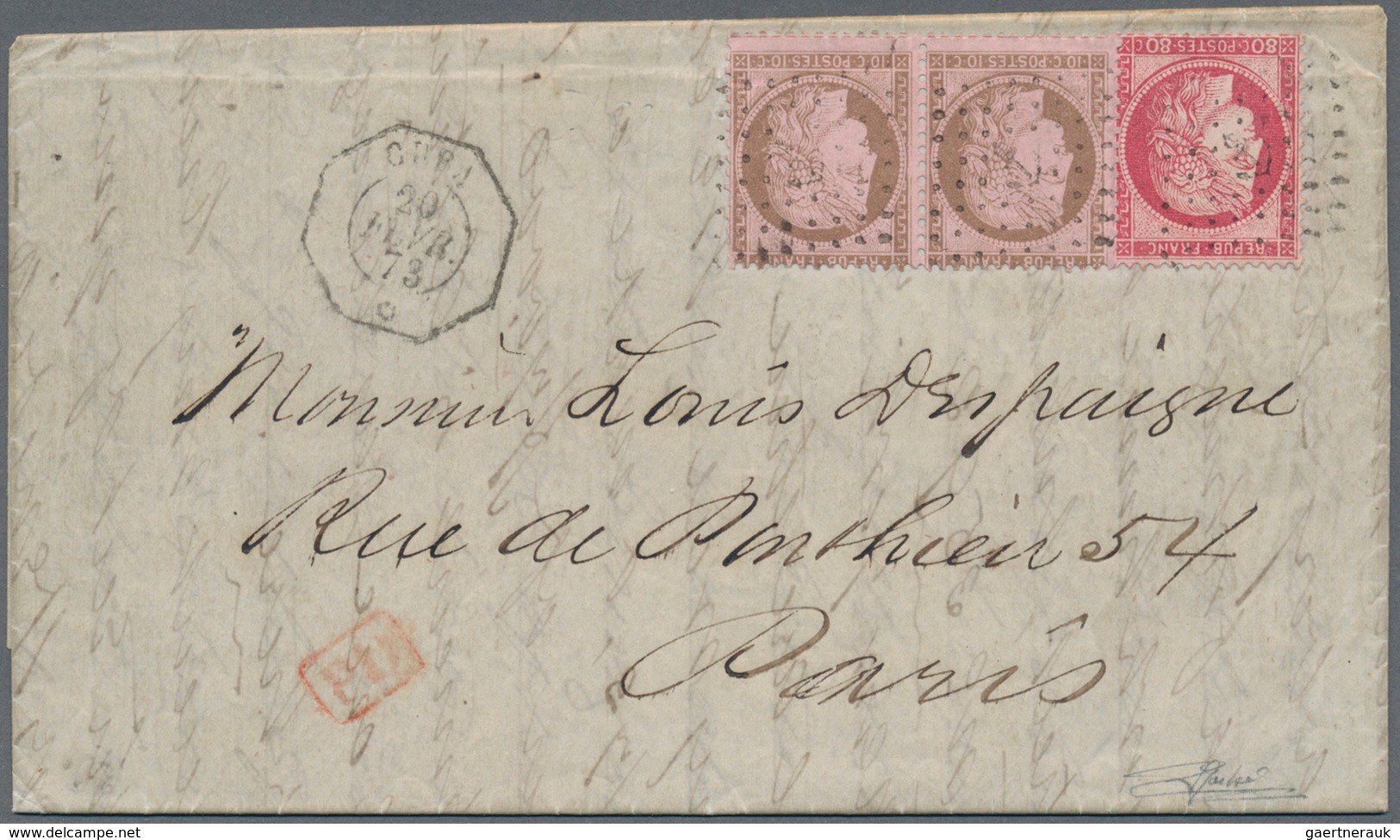 11881 Cuba: 1874, FRENCH P.O., 10c. Brown On Rose Horiz. Pair And 80c. Red, 1fr. Rate On Lettersheet With - Autres & Non Classés