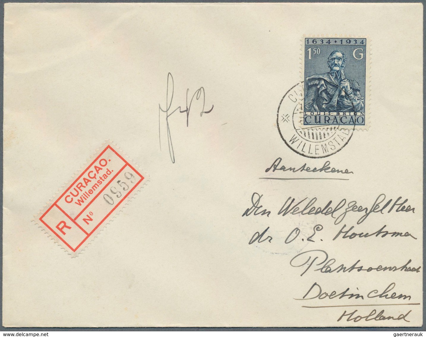 11889 Curacao: 1935, Louis Brion 1.50 G "300 Years Curacao" Single-franking On Registered Envelope Sent Fr - Curaçao, Antilles Neérlandaises, Aruba