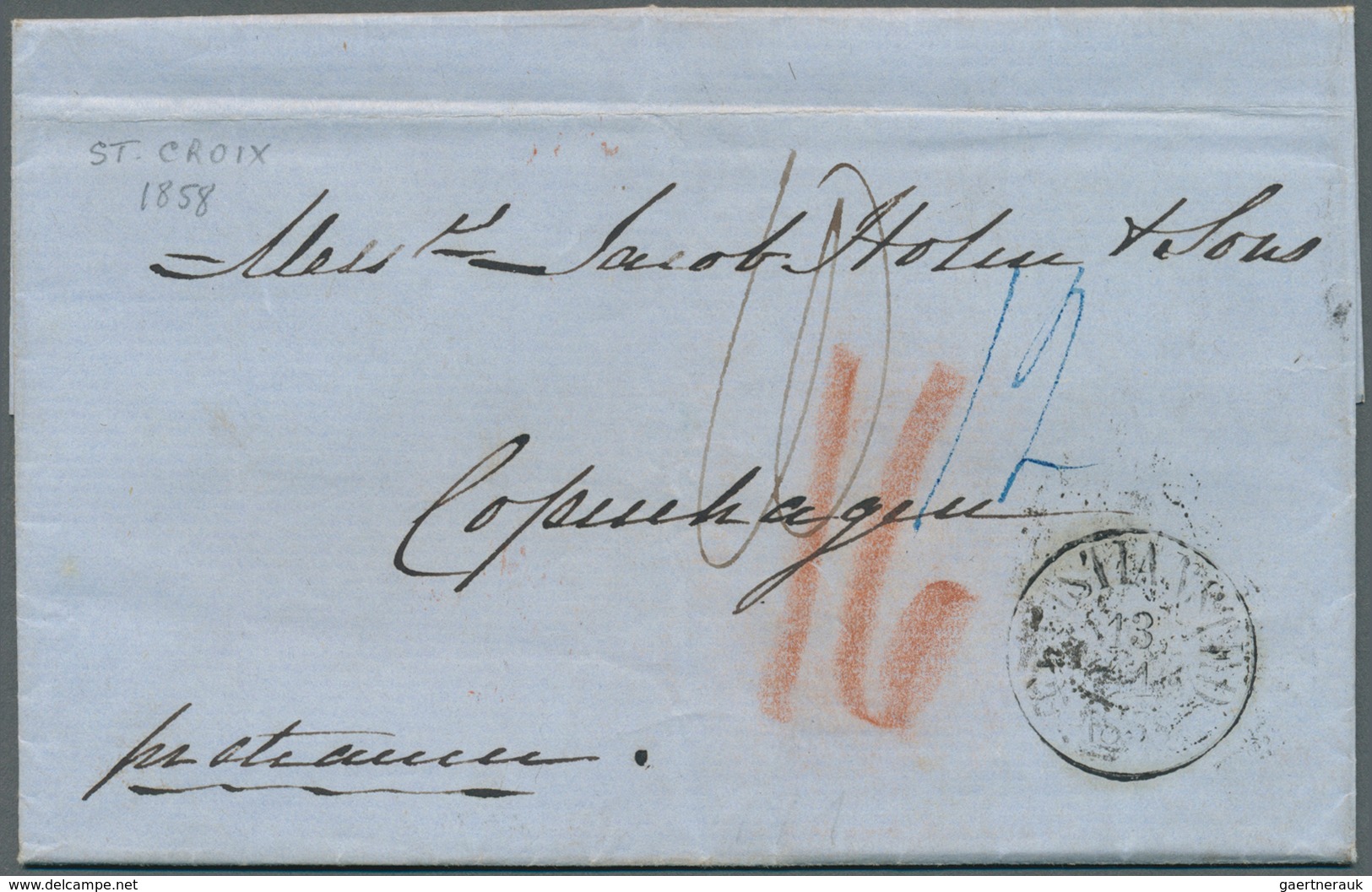 11890 Dänisch-Westindien - Vorphilatelie: 1858, Taxed Cover W. Large Red Crayon "16" From St. Croix To Cop - Dänische Antillen (Westindien)