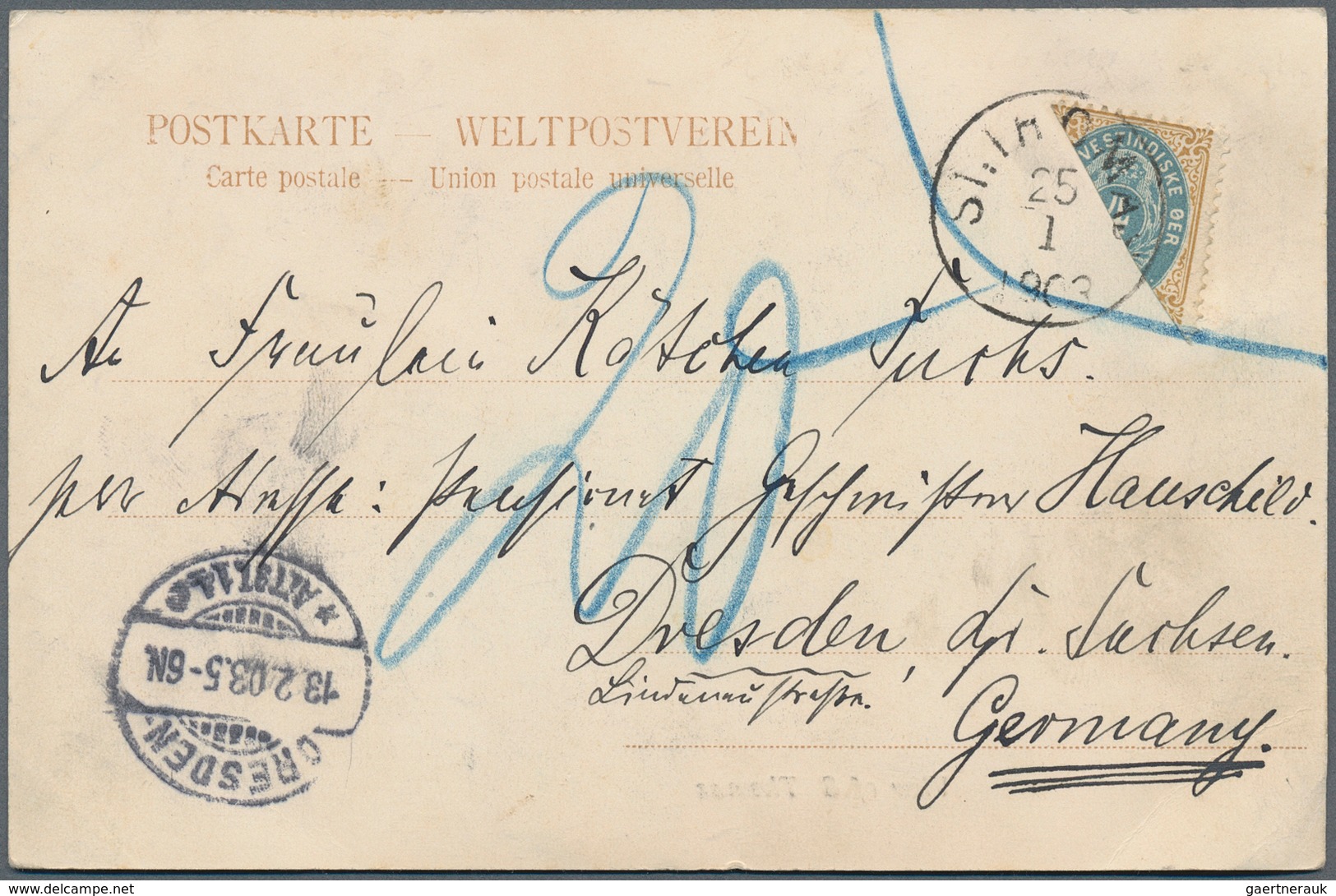 11899 Dänisch-Westindien: 1896, 4 C. Brown And Blue, Diagonal Bisected Tied By Cds. "ST. THOMAS 25.1.1903" - Dänische Antillen (Westindien)