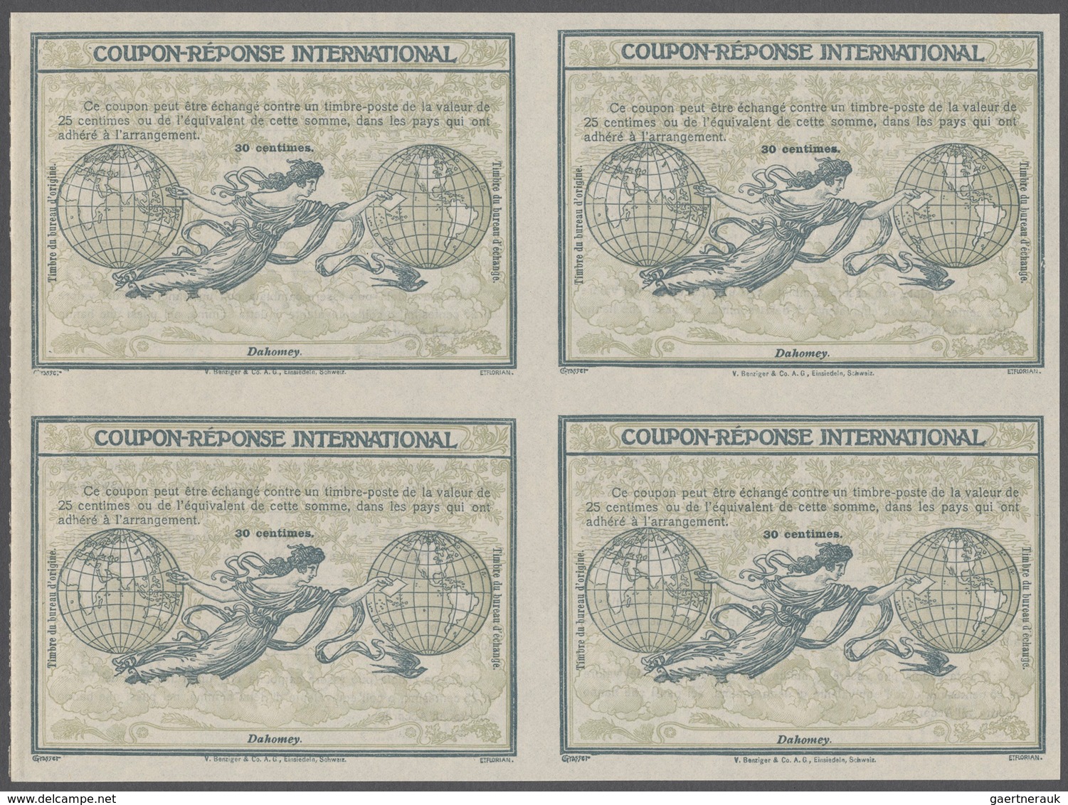 11900 Dahomey: Design "Rome" 1906 International Reply Coupon As Block Of Four 30 C. Dahomey. This Block Of - Sonstige & Ohne Zuordnung