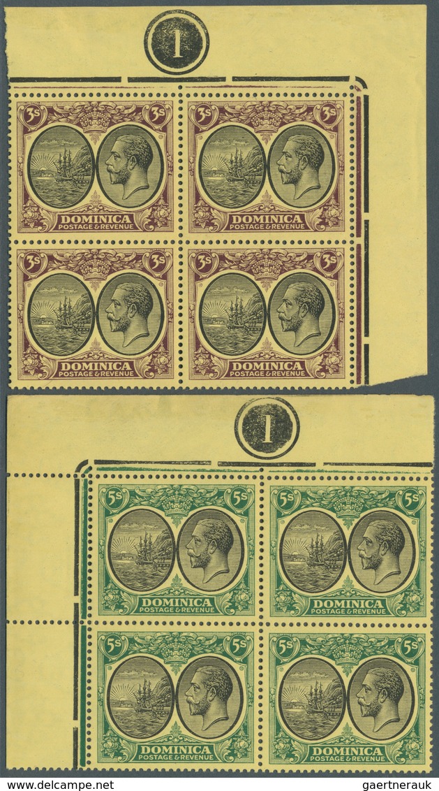11906 Dominica: 1923, KGV Definitives With Mult Crown CA Wmk. 3s. Black/purple And 5s. Black/green Blocks - Dominica (...-1978)