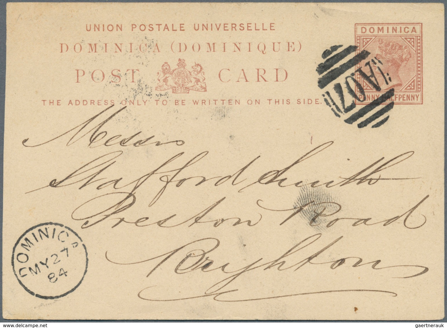 11907 Dominica - Ganzsachen: 1879, 1 1/2 D Red-brown QV Postal Stationery Card, Sent With Bar Cancellation - Dominica (1978-...)
