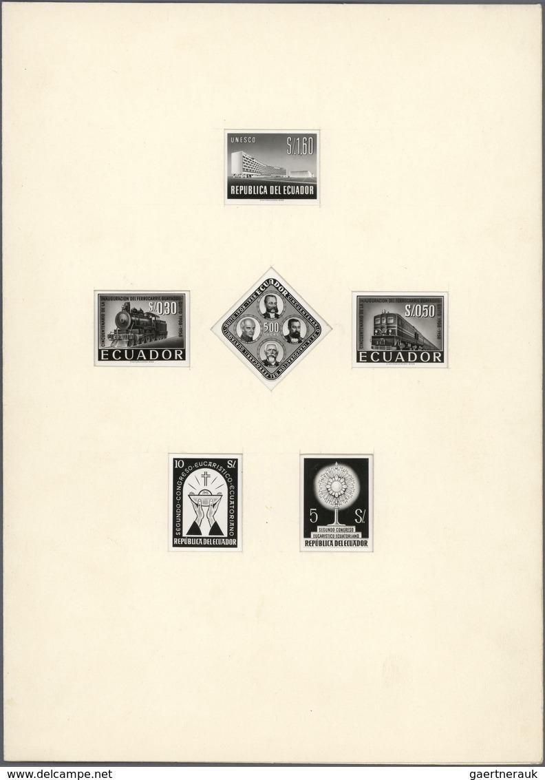 11908 Ecuador: 1958. Lot Of 6 Stamp-sized ESSAY PHOTOS: 1 UNISSUED Design For The UNESCO Issue, 2 UNISSUED - Ecuador