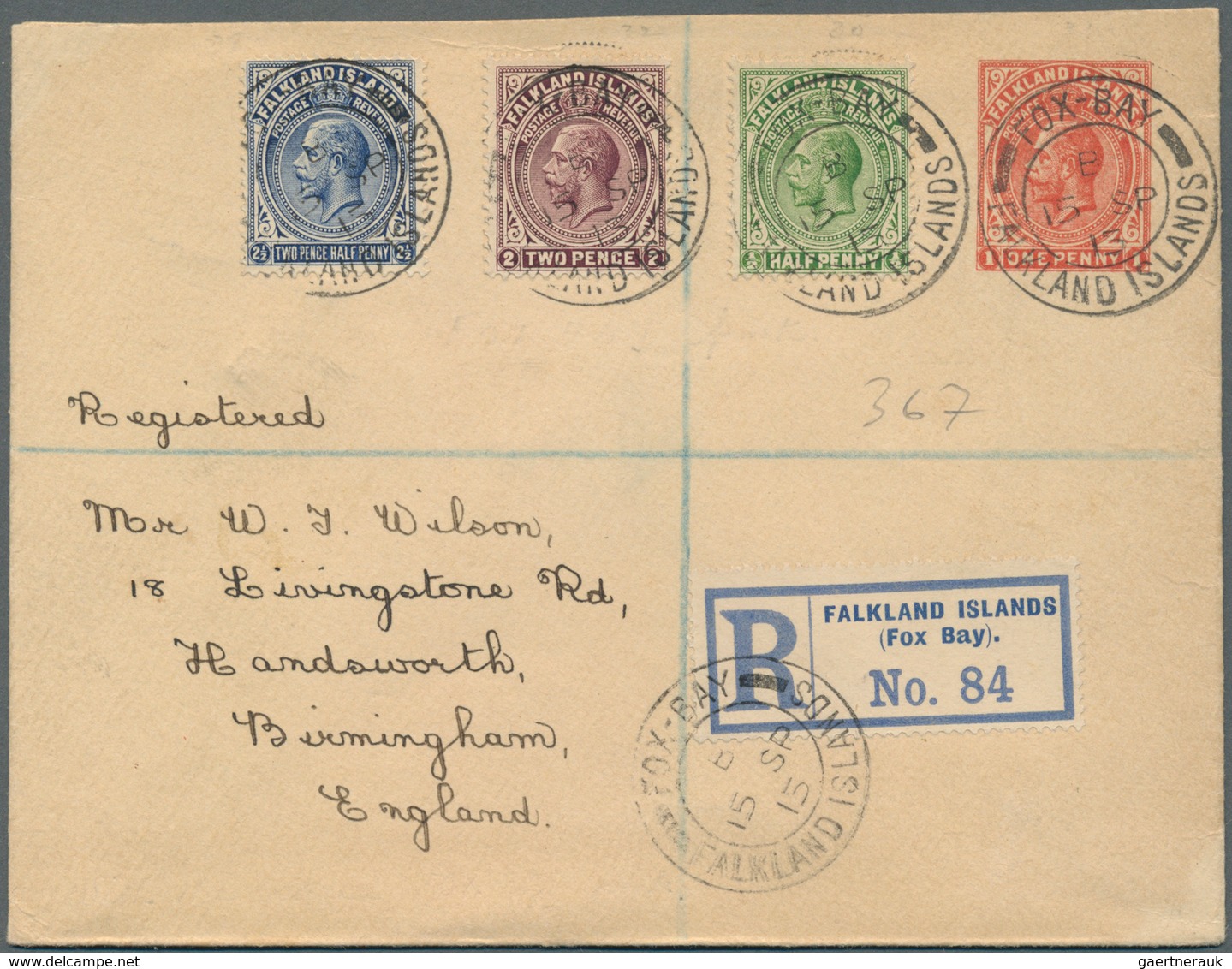 11916 Falklandinseln: 1915, 1 D Stationery Envelope With Additional Franking Sent Registered From FOX-BAY - Falklandinseln