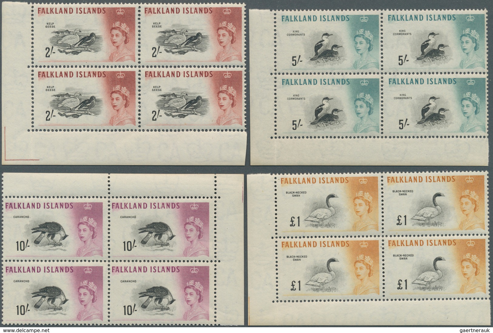 11921 Falklandinseln: 1960, Definitives ½ D To 1 £ "Queen Elisabeth II / Birds" All 15 Values In Blocks Of - Falkland