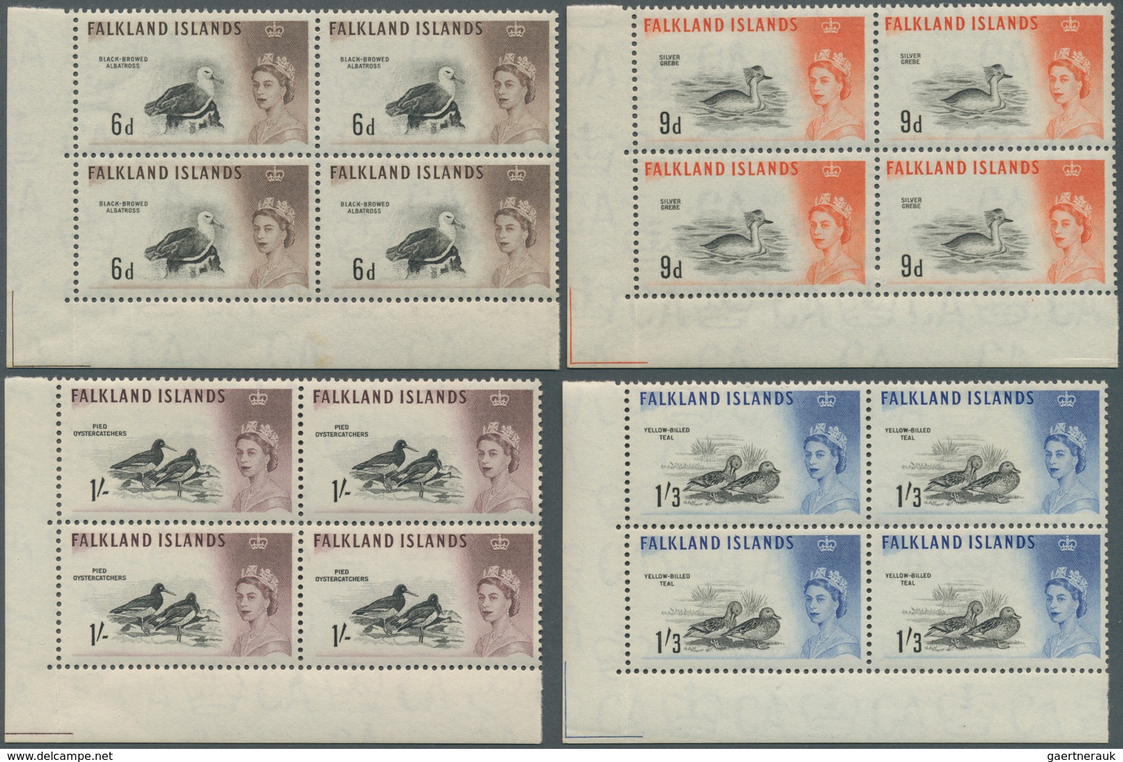 11921 Falklandinseln: 1960, Definitives ½ D To 1 £ "Queen Elisabeth II / Birds" All 15 Values In Blocks Of - Falklandinseln