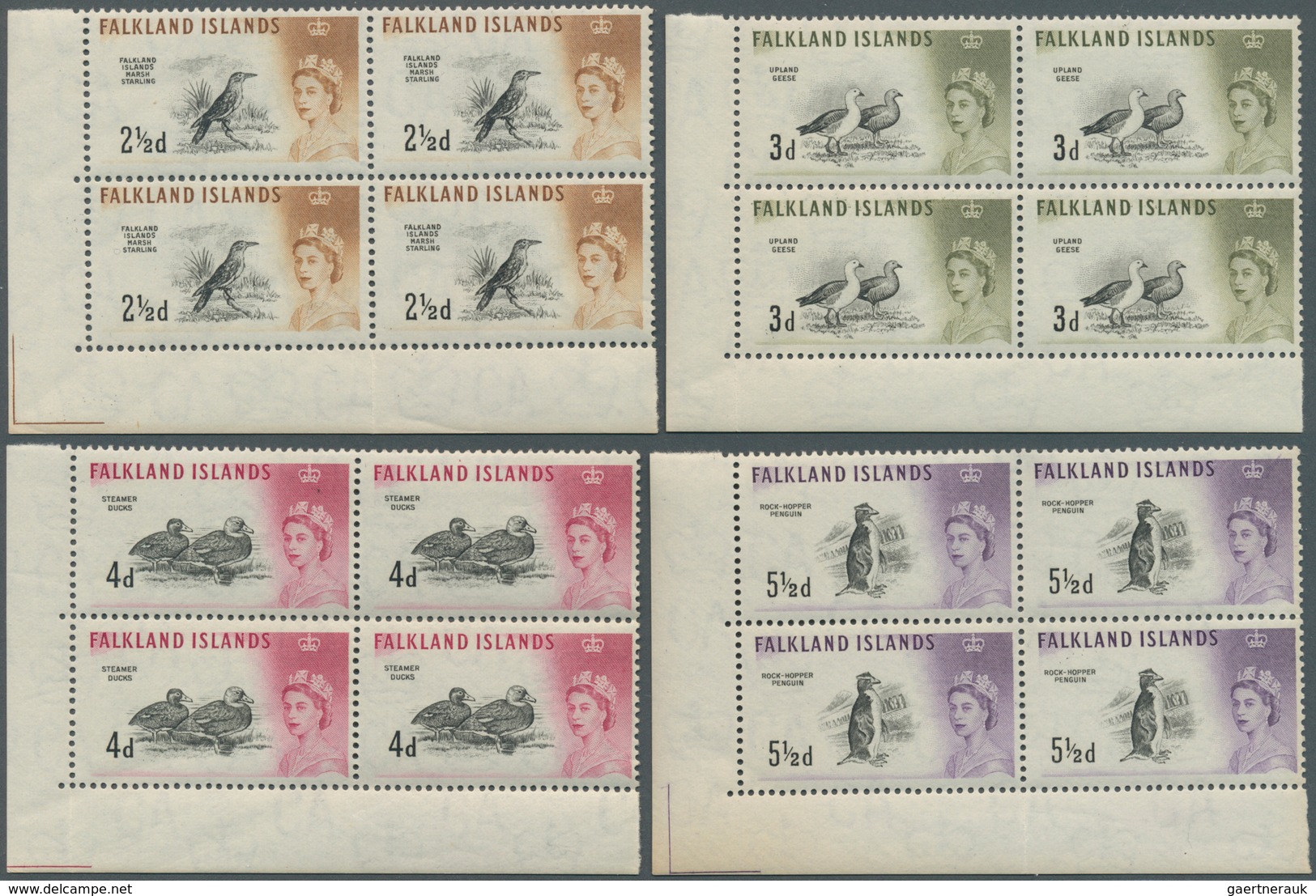 11921 Falklandinseln: 1960, Definitives ½ D To 1 £ "Queen Elisabeth II / Birds" All 15 Values In Blocks Of - Falklandinseln