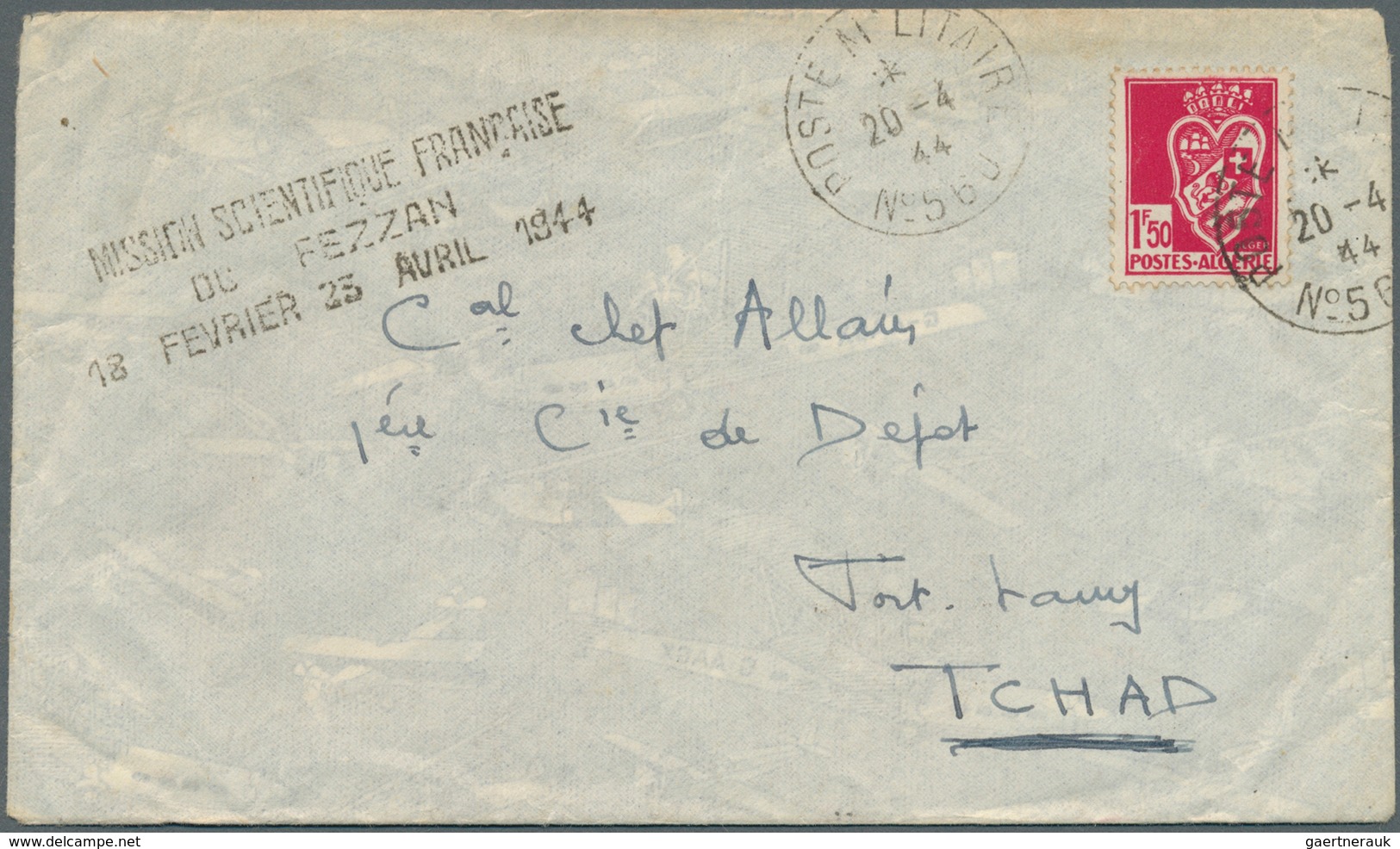 11926 Fezzan: 1944, "MISSION SCIENTIFIQUE FRANCAISE / DU FEZZAN / 18 FEVRIER 23 AVRIL 1944", Clear Strike - Lettres & Documents