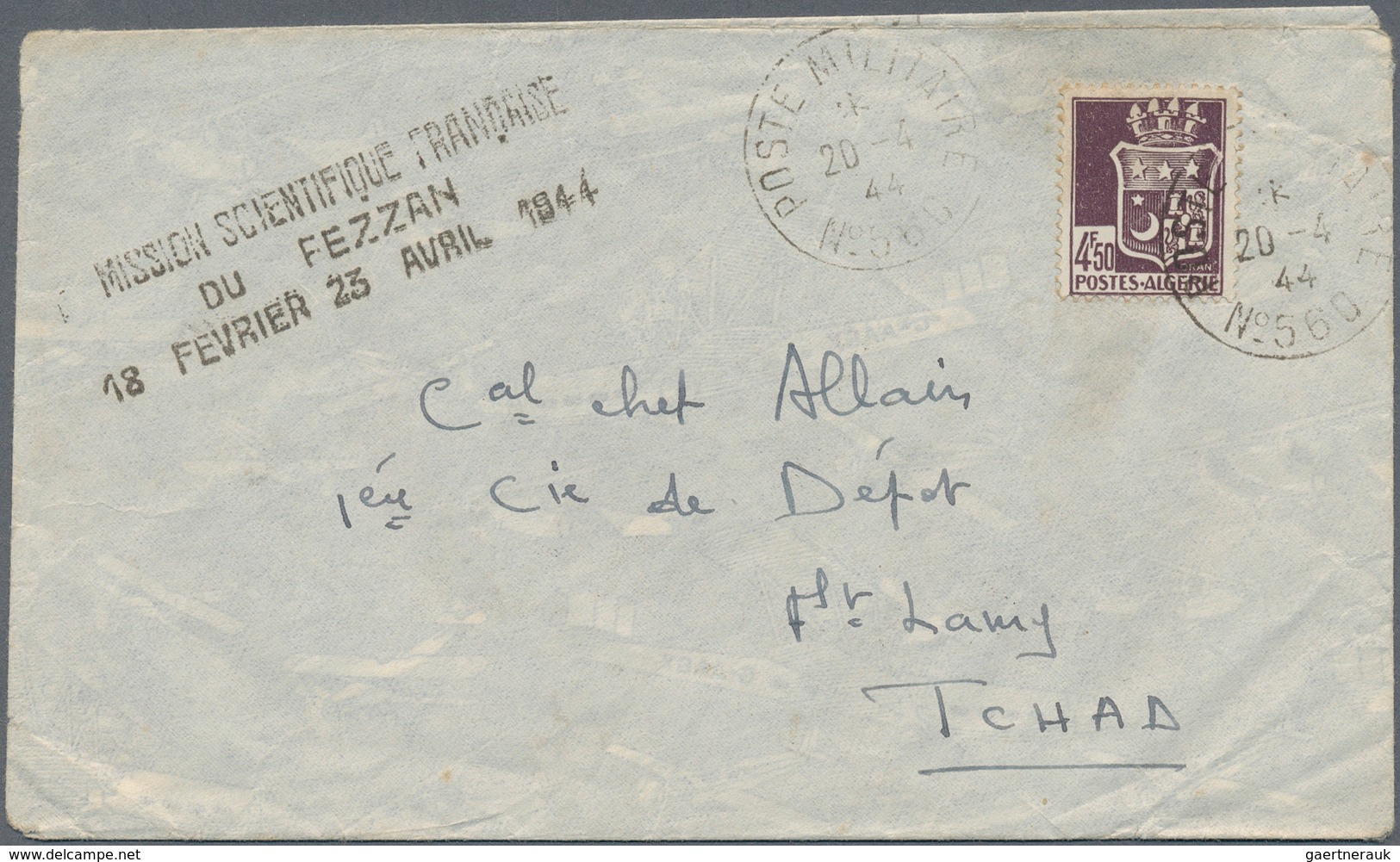 11927 Fezzan: 1944, "MISSION SCIENTIFIQUE FRANCAISE / DU FEZZAN / 18 FEVRIER 23 AVRIL 1944", Clear Strike - Lettres & Documents