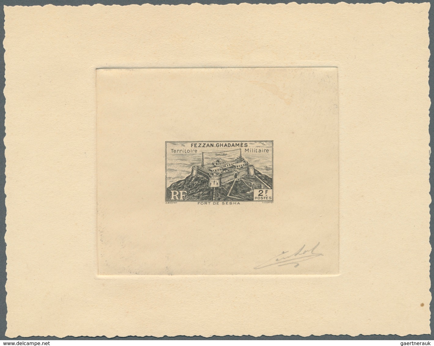 11929 Fezzan: 1946, 2fr. Fort De Sebha, Epreuve D'artiste In Black On Cream Paper, With Signature Cortot. - Lettres & Documents
