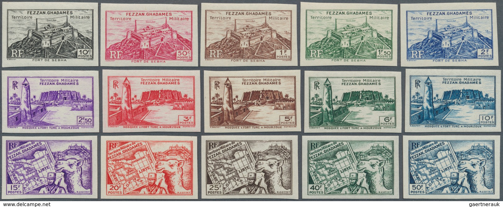 11930 Fezzan: 1946, Definitives Pictorials, 10c. To 50fr., Complete Set Of 15 Stamps Imperforate, Mint O.g - Briefe U. Dokumente