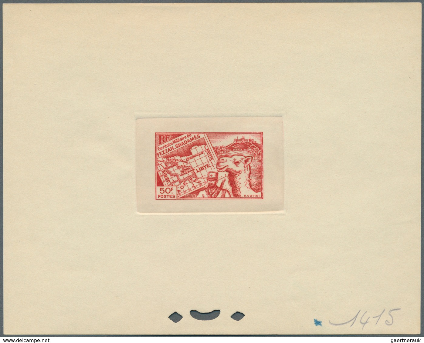 11936 Fezzan: 1946, 50fr. Map/Camel Horseman, Four Epreuve In Bue, Orange-red, Dark Green And Purple. Maur - Lettres & Documents