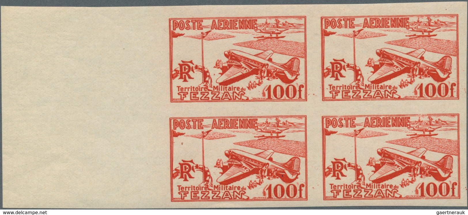 11937 Fezzan: 1948, Imperf Air Mail Set Of Two Values In Margin Blocks Of Four, Mint Never Hinged, Fine An - Lettres & Documents