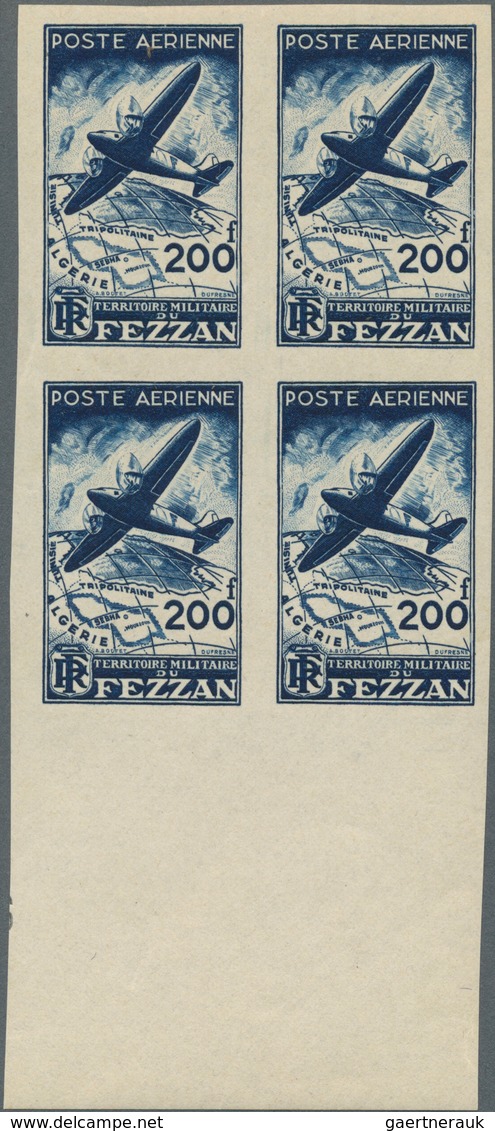 11937 Fezzan: 1948, Imperf Air Mail Set Of Two Values In Margin Blocks Of Four, Mint Never Hinged, Fine An - Lettres & Documents