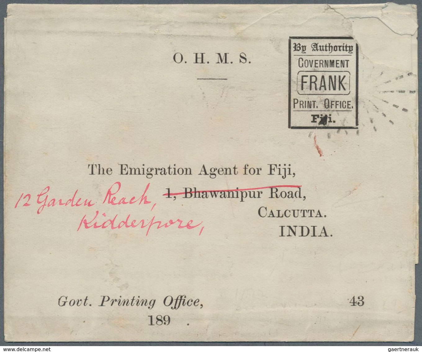 11962 Fiji-Inseln: 1884 Postal Stationery Official Wrapper Used To Calcutta, India In 1892, Cancelled By T - Fidschi-Inseln (...-1970)