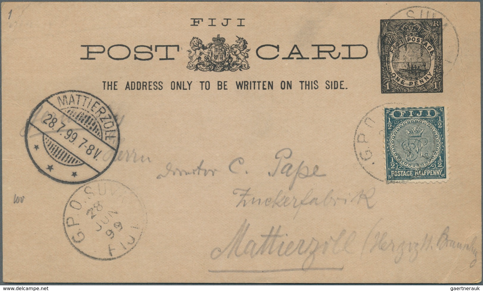 11963 Fiji-Inseln: 1895/1905, Four Different Stat. Postcards Incl. One Prov. Surcharged Issue With Three U - Fidji (...-1970)