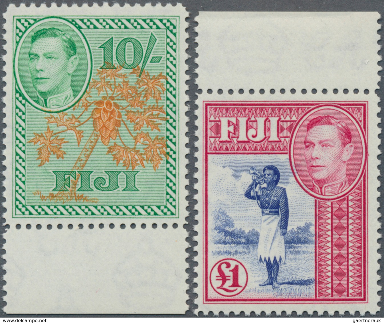 11964 Fiji-Inseln: 1938, KGVI 10 Sh. And 1 £ Mint Never Hinged And Superb Perforated/centrered Condition. - Fidji (...-1970)