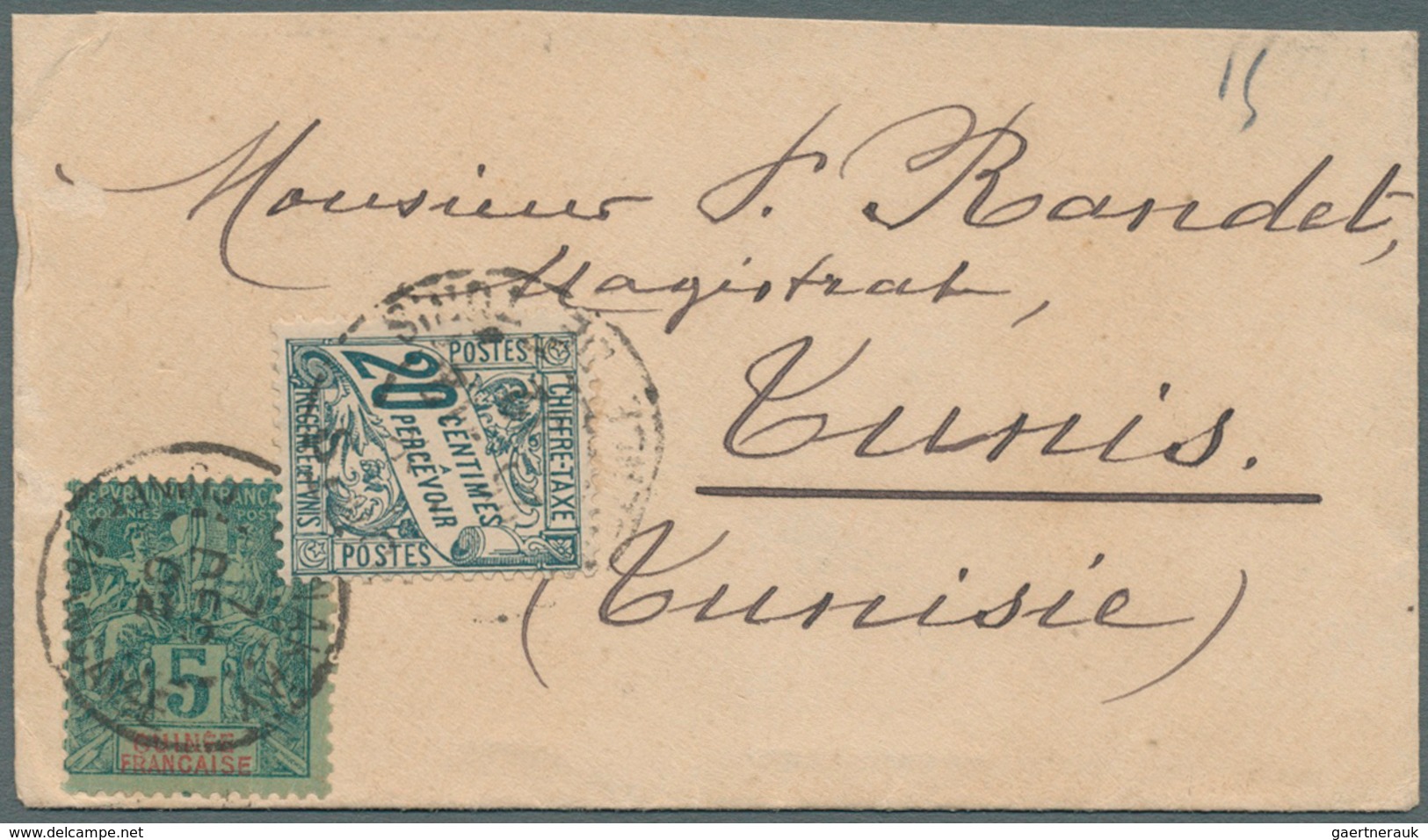 11969 Französisch-Guinea: 1902. Small Lady's Envelope (top Shortened) Addressed To Tunisia, North Africa B - Autres & Non Classés
