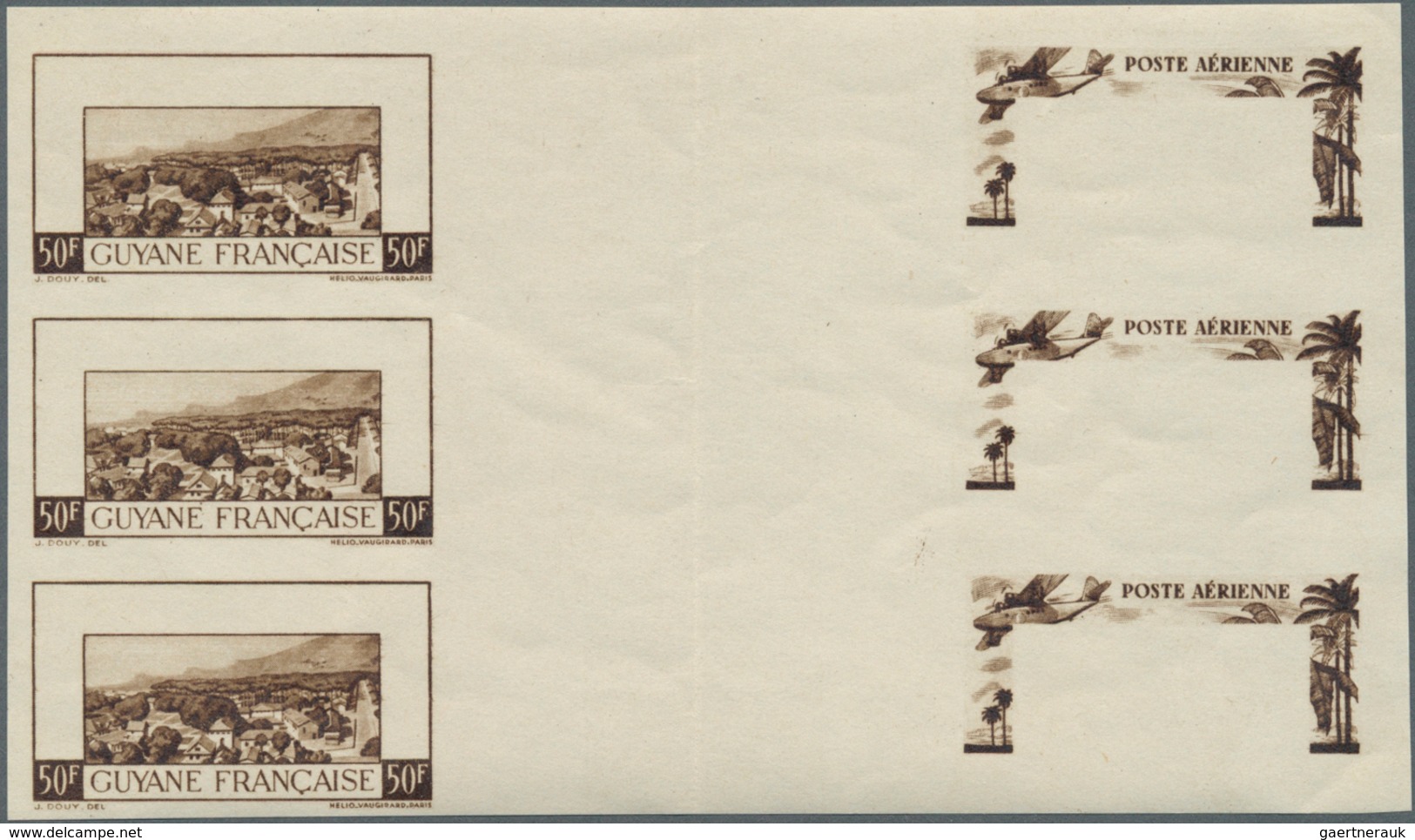 11980 Französisch-Guyana: 1942, Airmails 50fr. "Cayenne/Aeroboat", Compound Stage Proof Sheet In Brown, Gu - Lettres & Documents