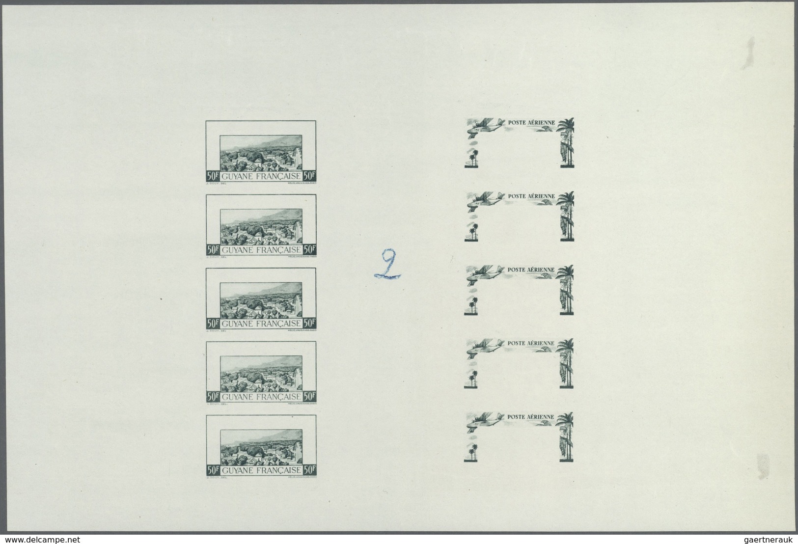 11984 Französisch-Guyana: 1942, Airmails 50fr. "Cayenne/Aeroboat", Compound Stage Proof Sheet In Green, Gu - Lettres & Documents