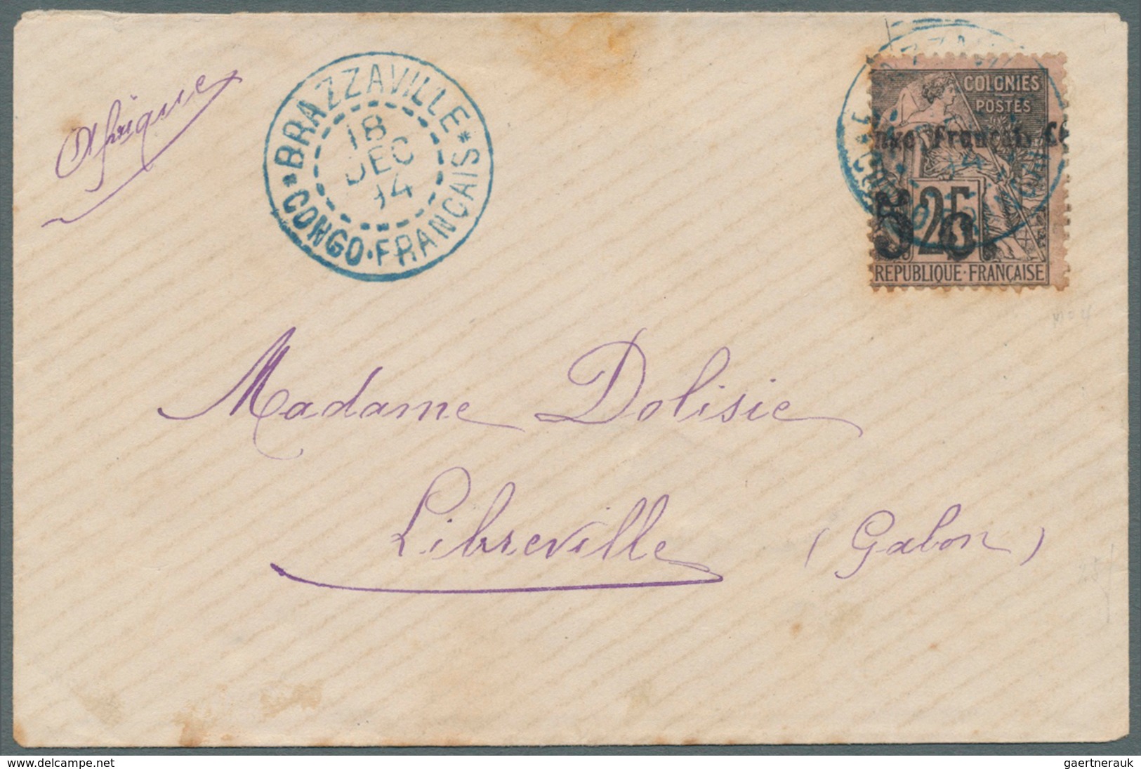 11988 Französisch-Kongo: 1894. Envelope To Gabon Bearing Yvert 4, 5 On 25c Black/rose Tied By Brazza Ville - Lettres & Documents