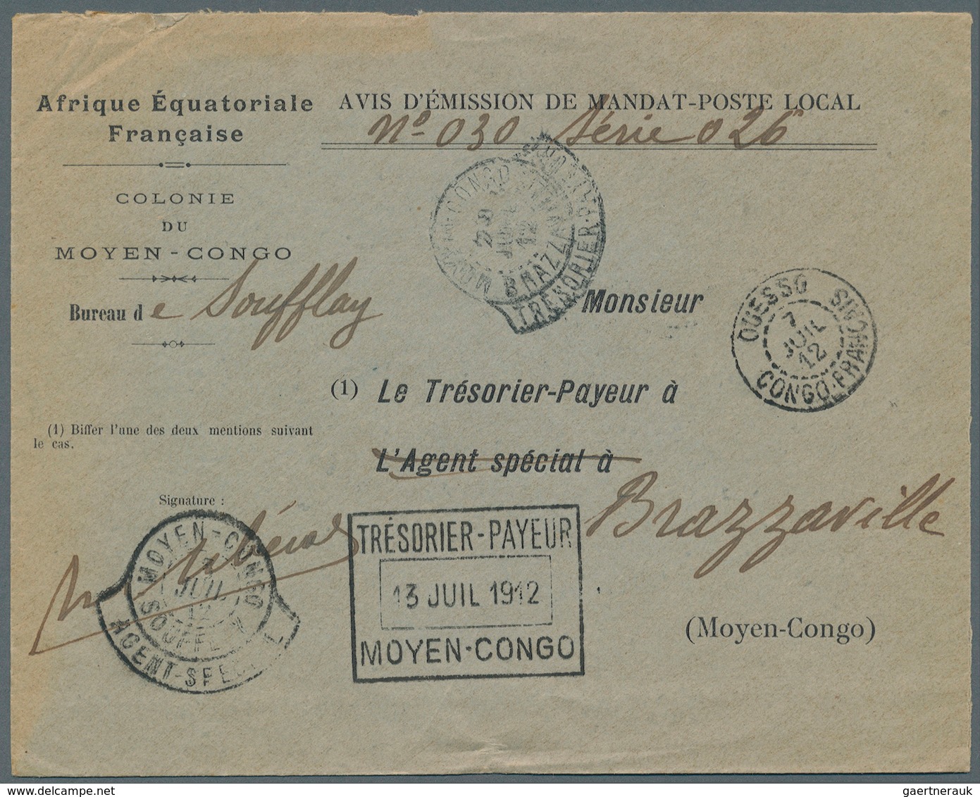 11992 Französisch-Kongo: 1912. Stampless 'Avis D'Emission De Mandat-Poste Local' Envelope Headed 'Afrique - Lettres & Documents