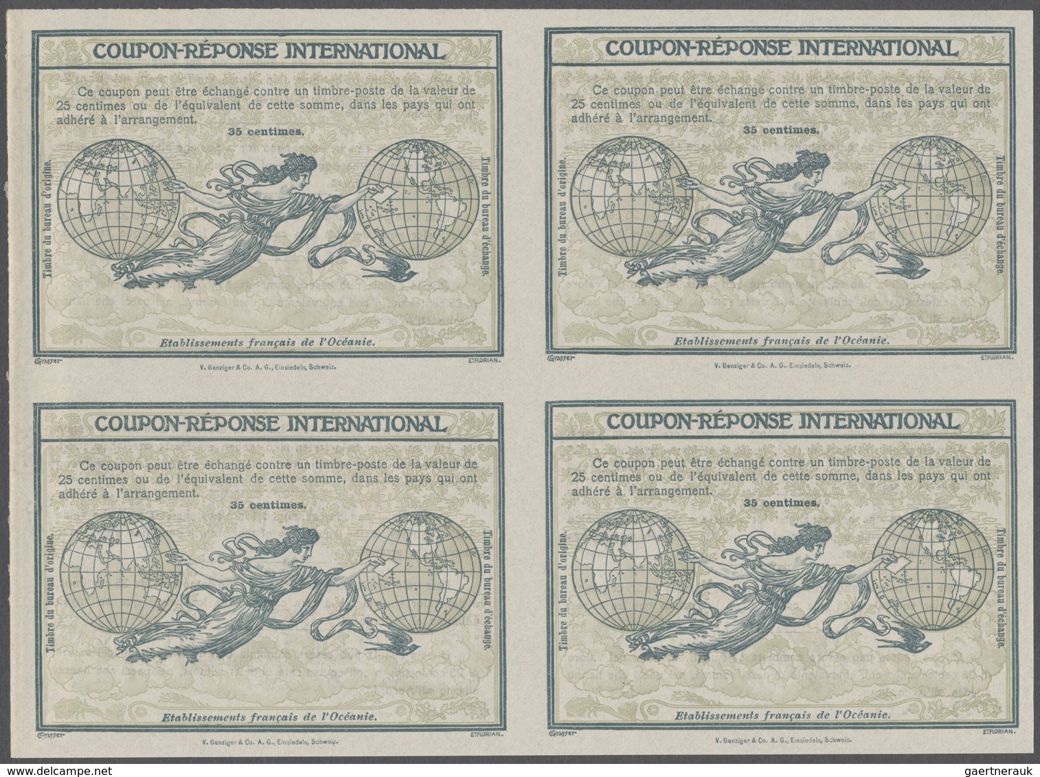 11994 Französisch-Ozeanien: Design "Rome" 1906 International Reply Coupon As Block Of Four 35 C. "Etabliss - Autres & Non Classés