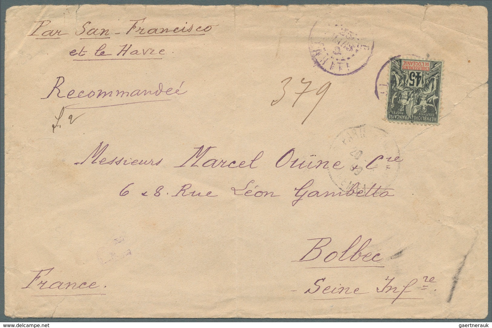 11995 Französisch-Ozeanien: 1909. Registered Envelope (creased, Vertical Fold And A Few Tears) Addressed T - Autres & Non Classés