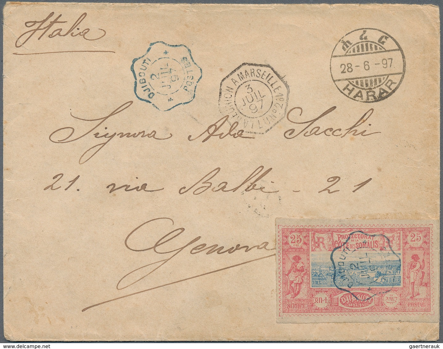 12003 Französische Somaliküste: 1897, Ethiopia: Unpaid Cover From HARAR, 28.6.97, Subsequently Franked In - Oblitérés