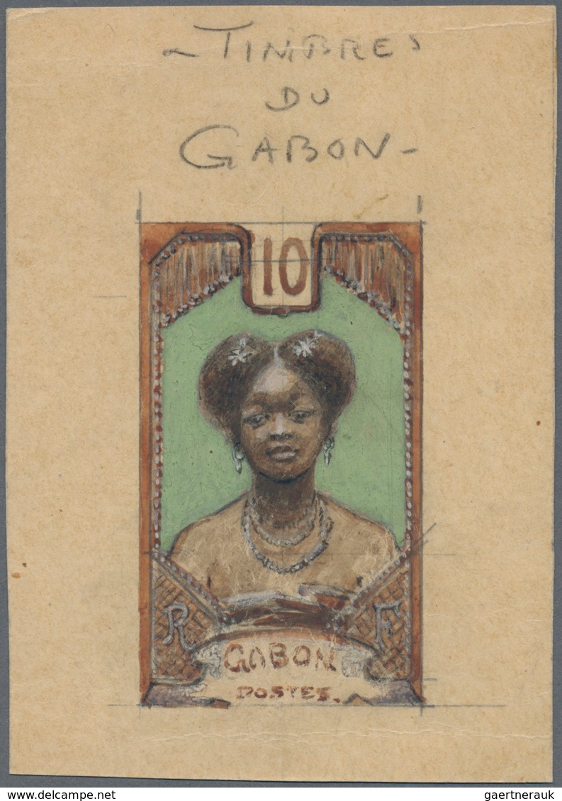 12009 Gabun: 1910 Gabon, Original Hand Painted Artwork For The Pictorial Issue, Approximately 83x112mm, Un - Sonstige & Ohne Zuordnung